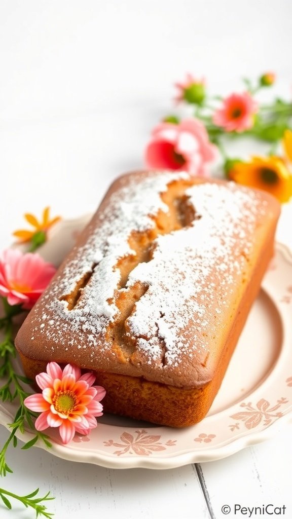 A gluten-free carrot cake loaf garnished with powdered sugar and flowers