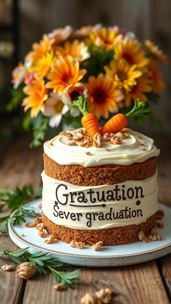 A moist carrot cake decorated with small carrots and surrounded by flowers, perfect for graduation.