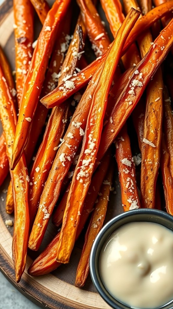 A plate of crispy carrot fries topped with garlic and Parmesan cheese, served with a creamy dip.