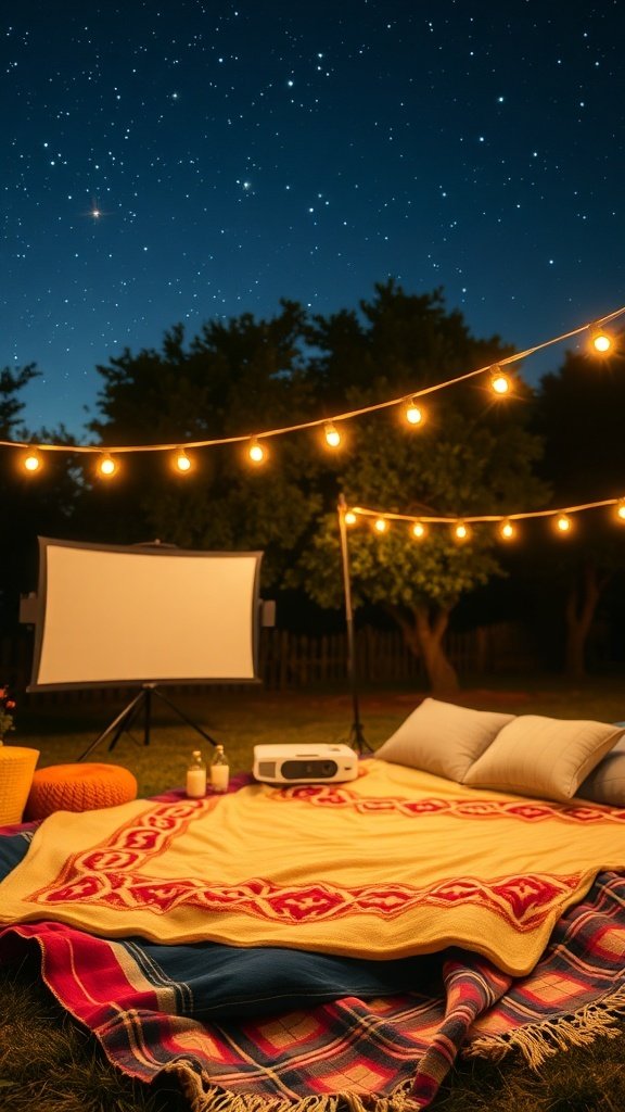 Cozy outdoor movie night setup with blankets, pillows, and a projector under a starry sky.