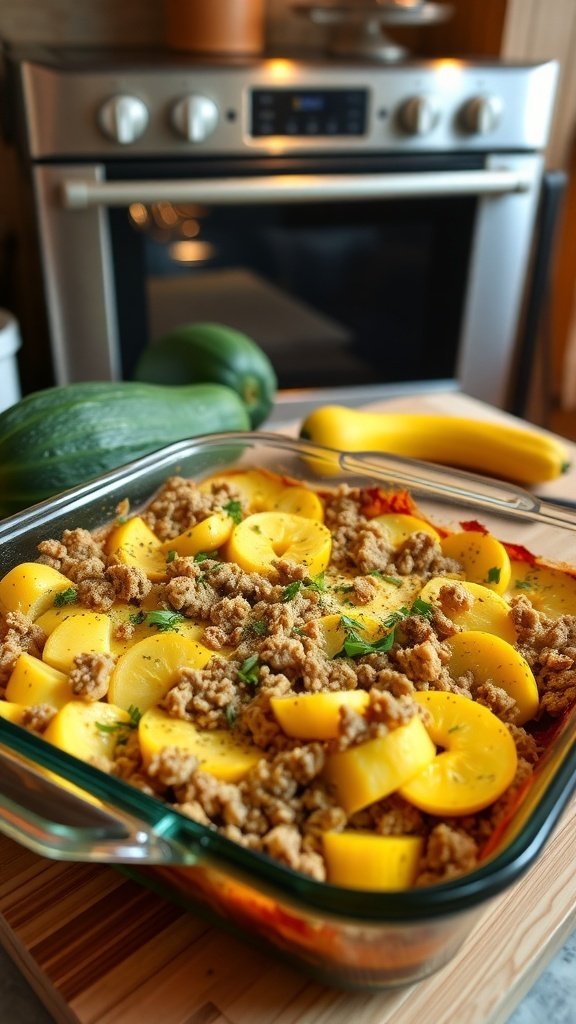A hearty ground turkey and squash casserole topped with breadcrumbs, fresh summer squash, and a cozy kitchen background.