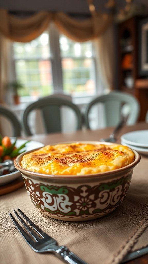 A beautifully baked carrot souffle in a decorative bowl, placed on a table with a cozy setting.