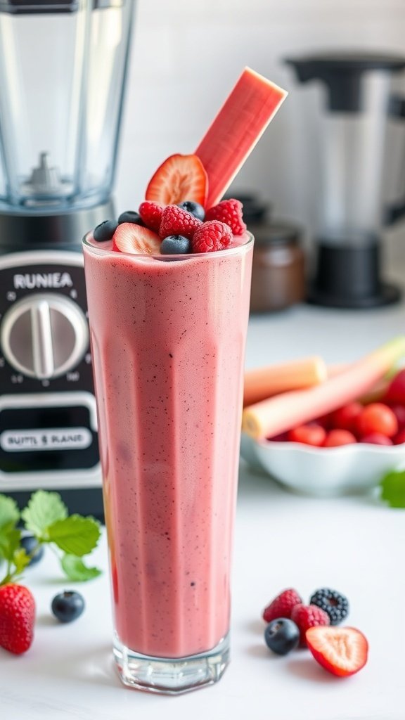 A refreshing rhubarb smoothie topped with fresh berries and a piece of rhubarb, with a blender in the background.