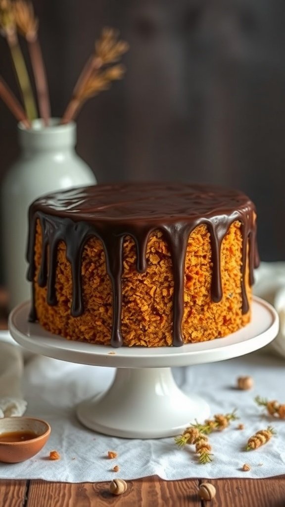 Carrot cake with chocolate drizzle decoration