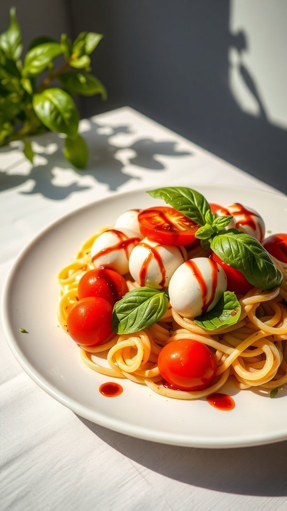 A plate of Caprese pasta with cherry tomatoes, mozzarella, and fresh basil, drizzled with balsamic reduction.