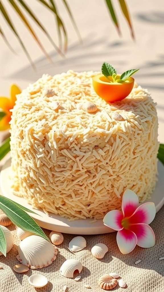 A tropical coconut cookie cake decorated with shredded coconut, fresh fruit, and flowers, set against a beachy background.