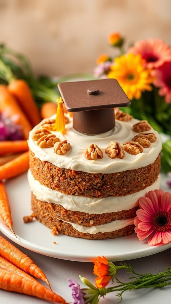 A beautifully decorated carrot cake with a graduation cap on top, surrounded by fresh carrots and colorful flowers.
