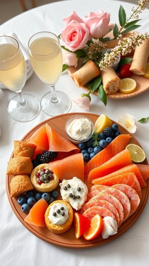 A gourmet brunch charcuterie board featuring smoked salmon, shrimp, fresh fruits, mini desserts, and sparkling beverages.
