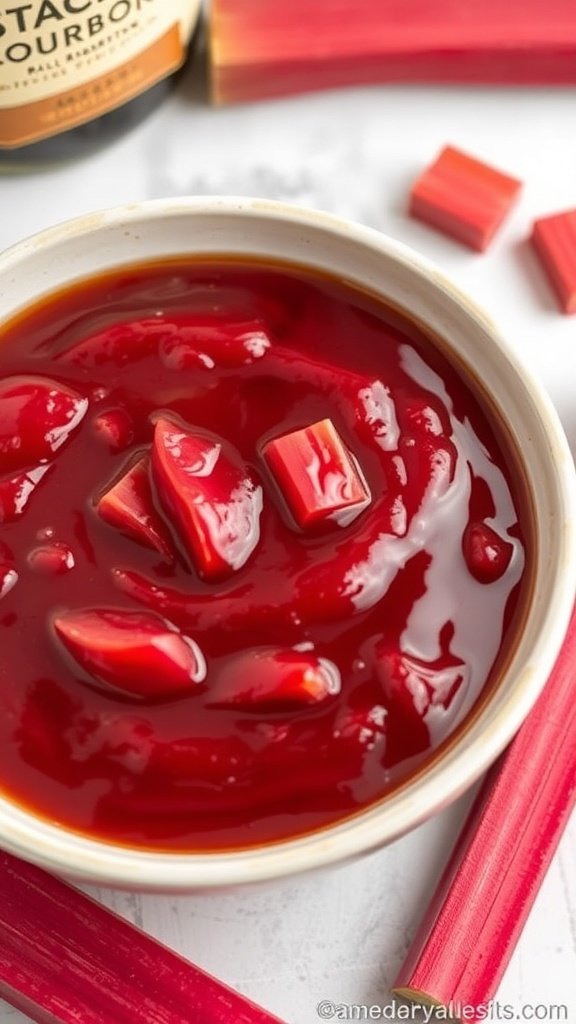 Bowl of rhubarb sauce with bourbon and chopped rhubarb