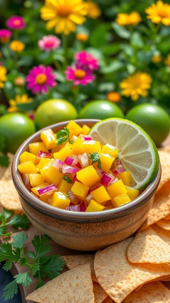 A bowl of mango salsa with tortilla chips and fresh herbs, surrounded by colorful flowers.