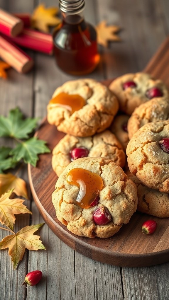 A plate of rhubarb cookies with maple syrup in the background, surrounded by autumn leaves.