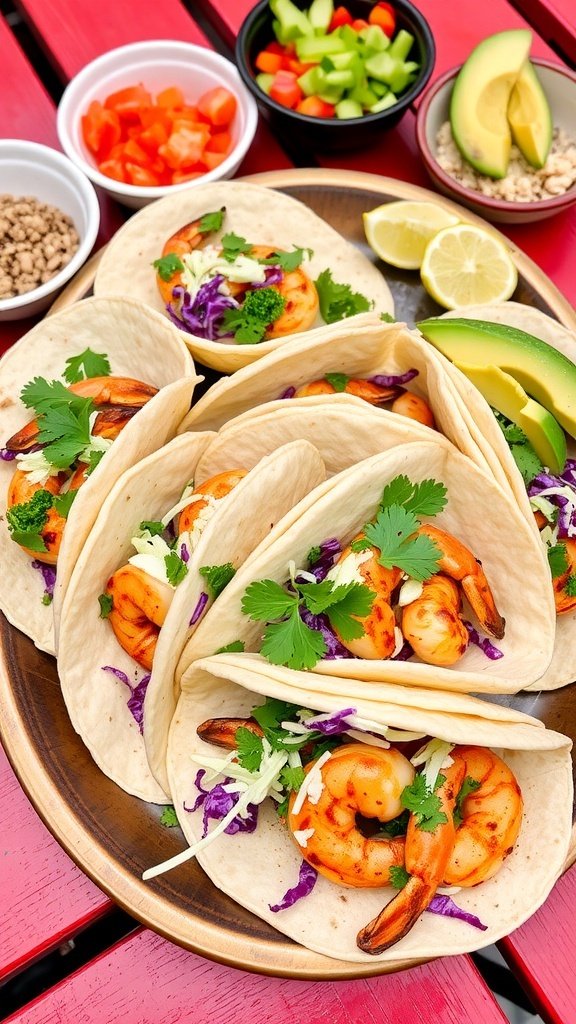 A plate of shrimp tacos with various toppings and ingredients on the side.
