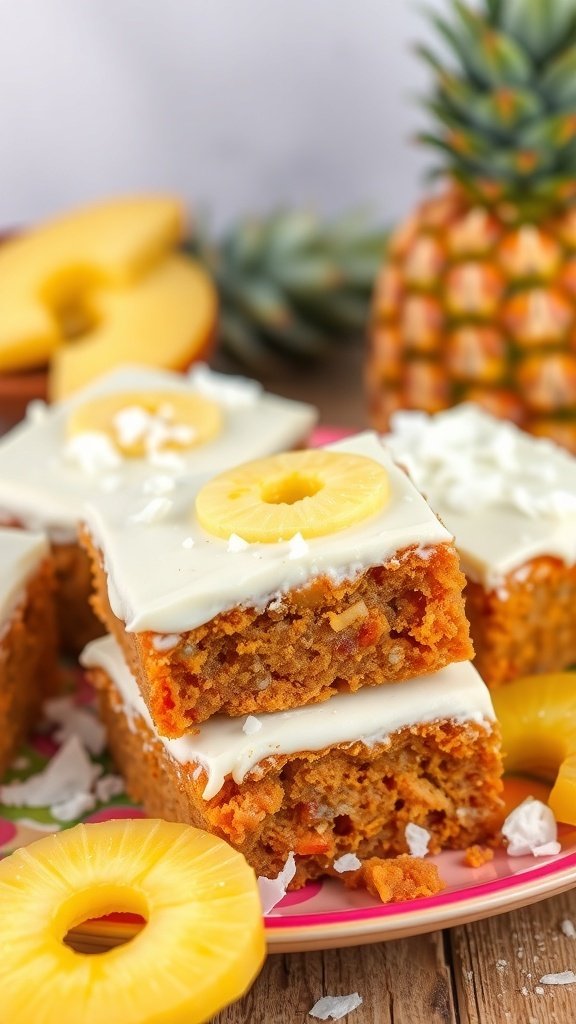 Delicious carrot cake bars topped with cream cheese frosting and garnished with pineapple slices.
