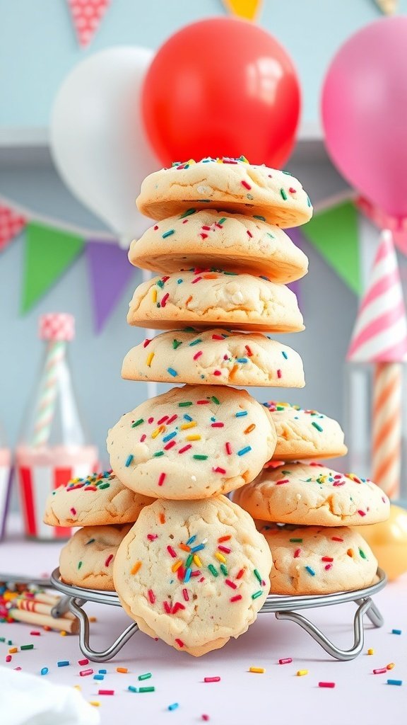 A stack of funfetti sugar cookies with colorful sprinkles, surrounded by festive decorations.