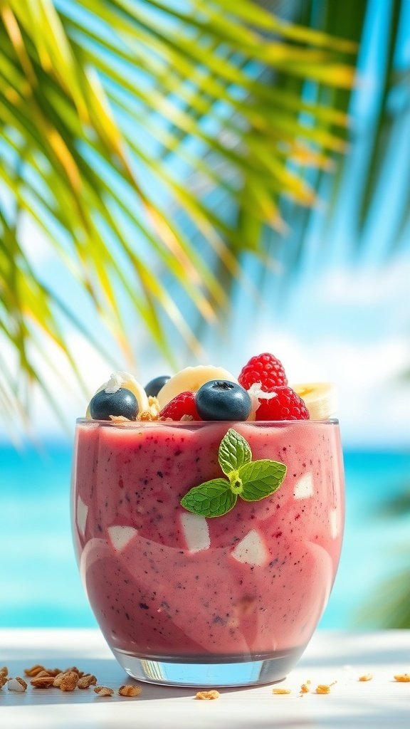 A colorful smoothie bowl topped with fresh fruits and granola, set against a tropical background.