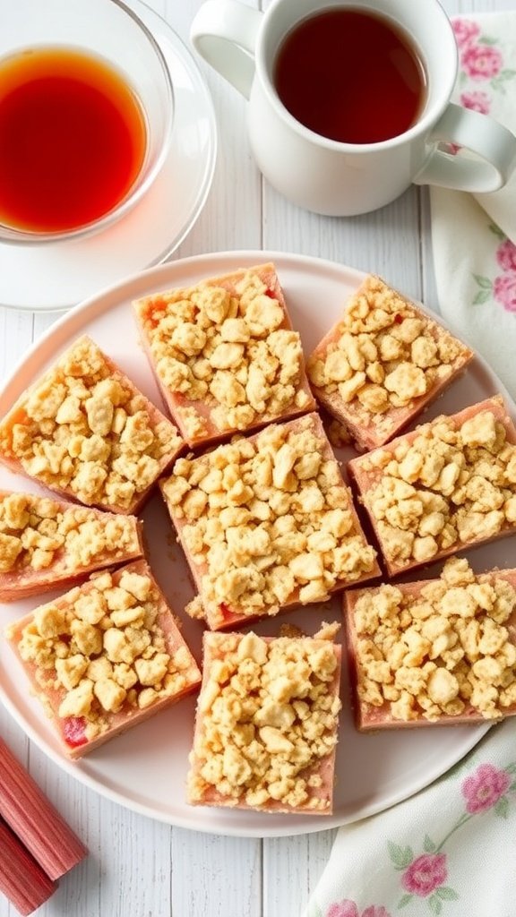 Rhubarb crumble bars on a plate with a cup of tea and rhubarb stalks nearby.