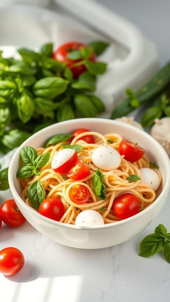 A bowl of pasta with cherry tomatoes and mozzarella, garnished with fresh basil.