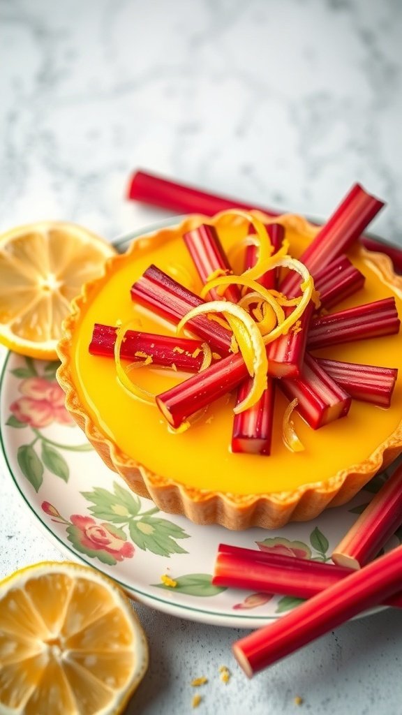 A vibrant rhubarb lemon tart topped with fresh rhubarb and lemon zest, served on a floral plate with lemon slices.