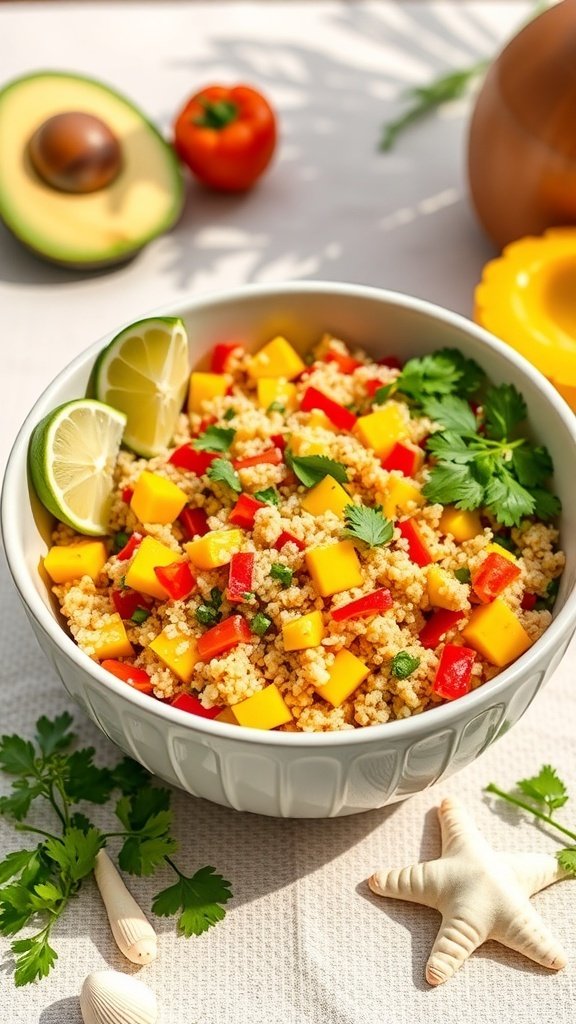 A vibrant tropical quinoa salad with mango, bell peppers, and lime.