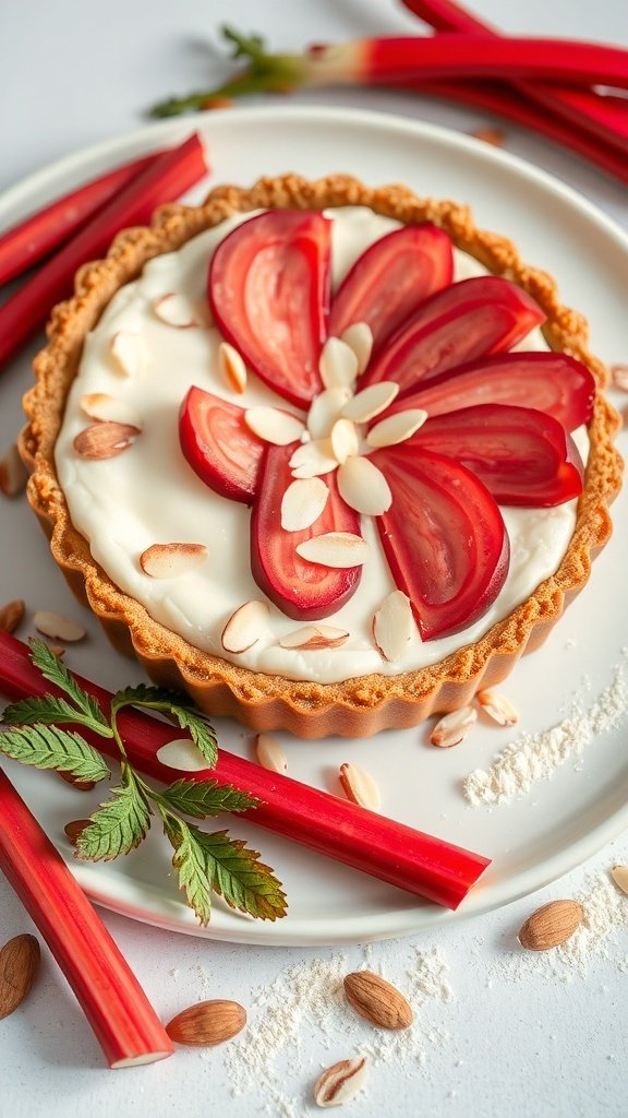 A beautifully arranged rhubarb almond tart with slices of rhubarb and almond slivers on top, surrounded by fresh rhubarb stalks.