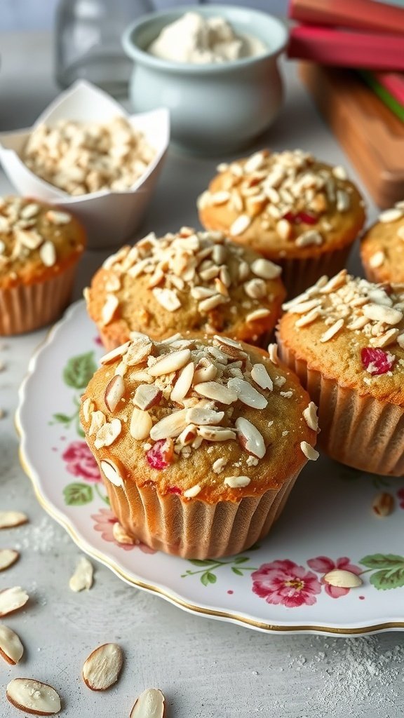 Freshly baked rhubarb almond muffins topped with slivered almonds on a decorative plate.