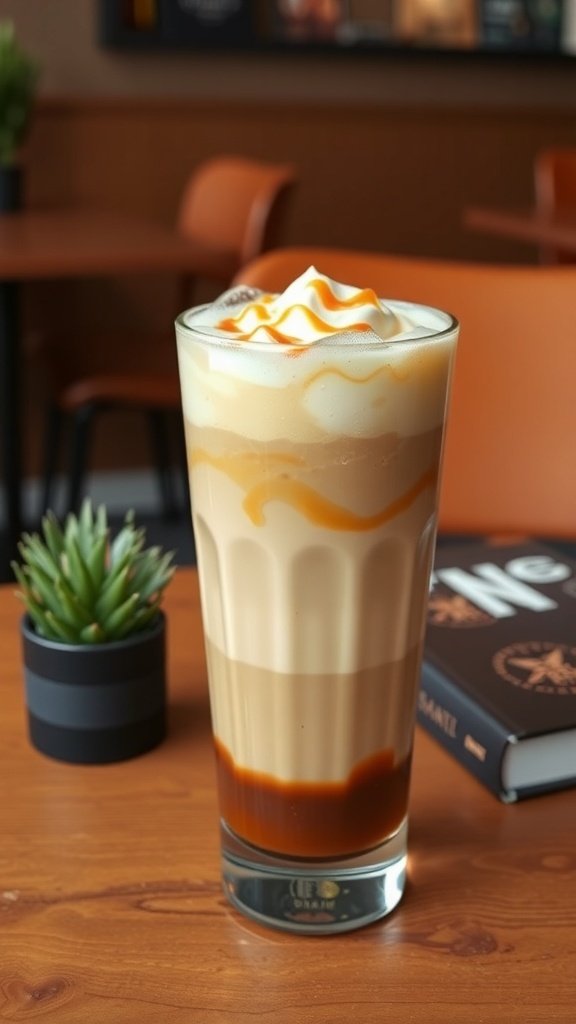 A refreshing Iced Caramel Macchiato in a glass, topped with whipped cream and caramel drizzle.