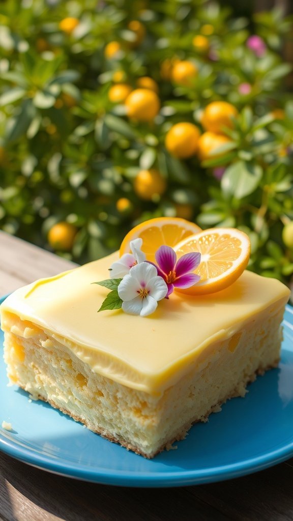 A refreshing lemon sheet cake with zesty frosting, garnished with lemon slices and flowers, set against a backdrop of lemon trees.