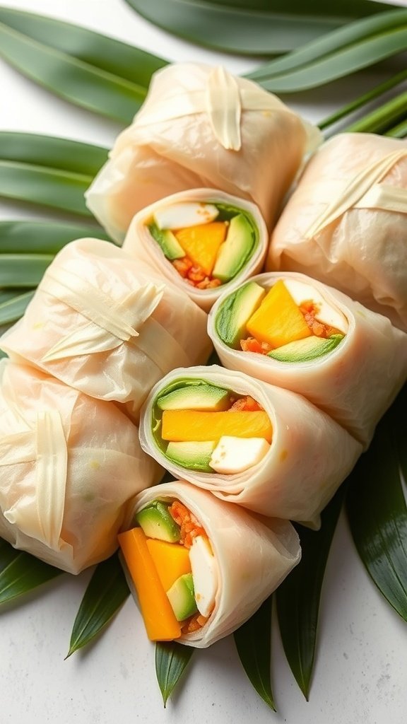 Summer rolls filled with mango, avocado, and cucumber on a bed of green leaves.