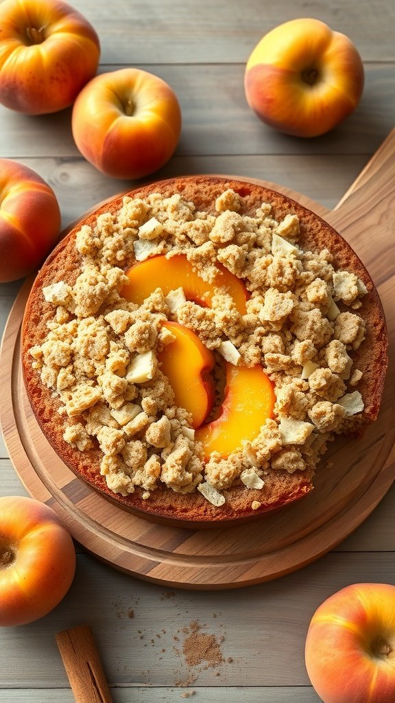A delicious Cinnamon Peach Crumble Cake topped with fresh peaches and crumble, surrounded by whole peaches.
