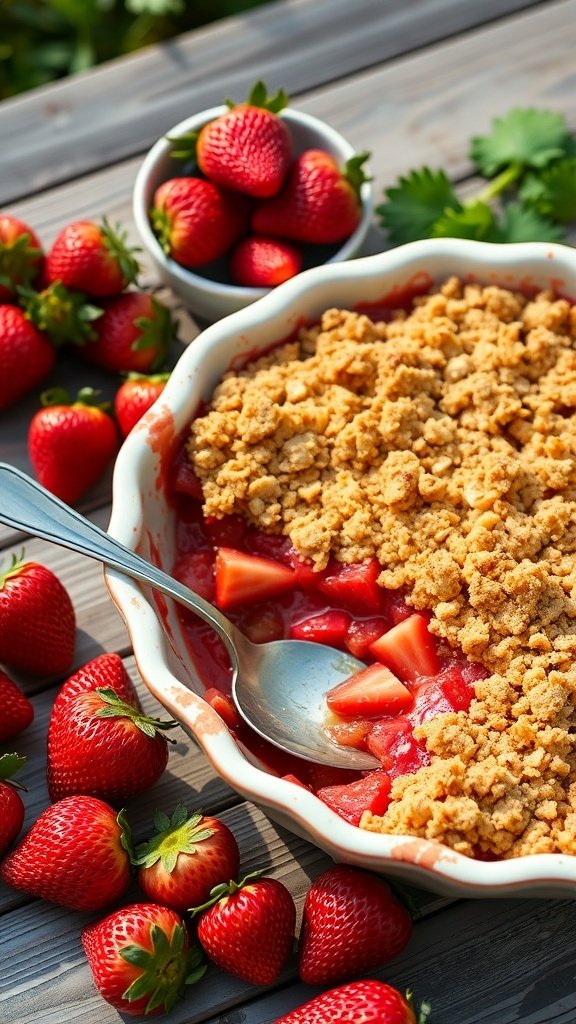 A delicious strawberry rhubarb crisp with a golden topping, surrounded by fresh strawberries.
