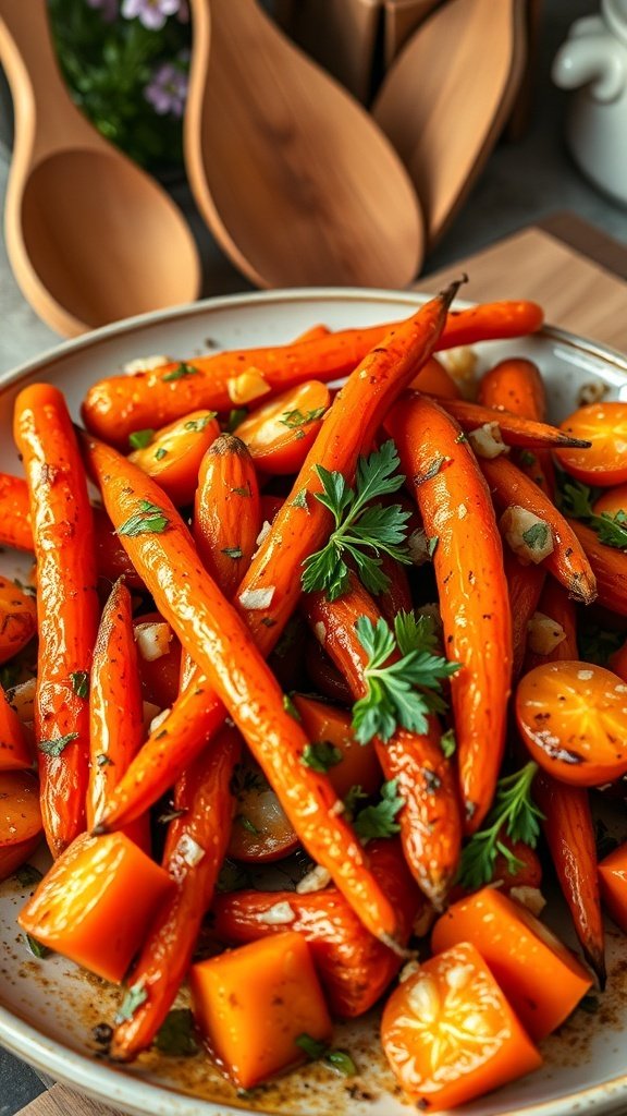 A plate of glazed carrots with garlic and herbs, garnished with parsley, served in a rustic setting.
