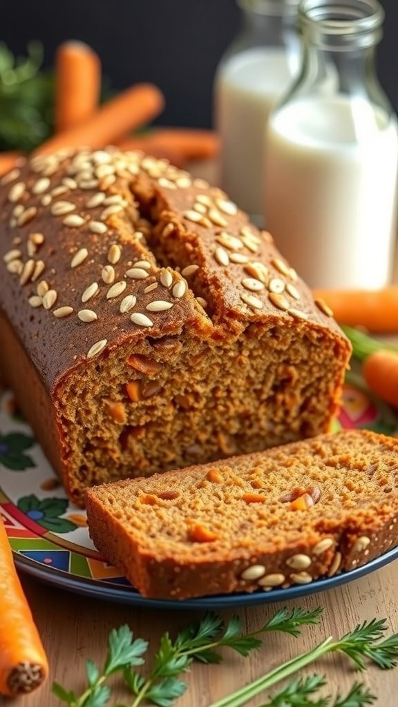 A freshly baked carrot bread loaf sliced on a colorful plate, surrounded by fresh carrots and herbs.