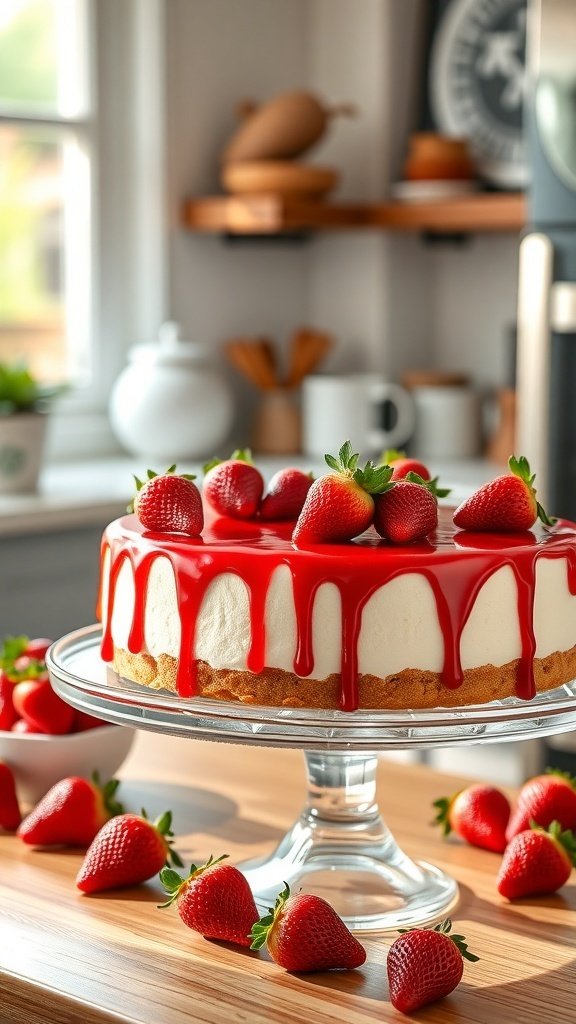 A no-bake strawberry cheesecake topped with fresh strawberries and red sauce, displayed on a glass cake stand.