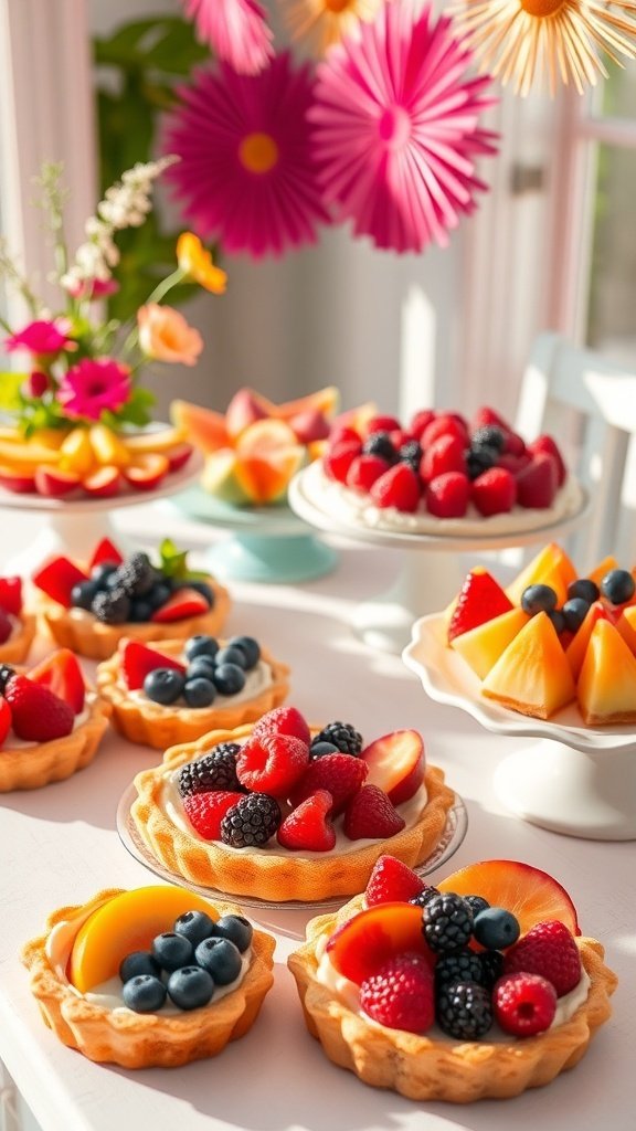 Colorful fruit tarts with strawberries, blueberries, raspberries, and peaches on a table decorated with flowers.