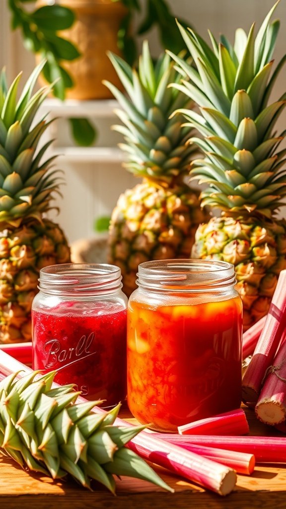 Jars of rhubarb and pineapple jam with fresh pineapples and rhubarb stalks