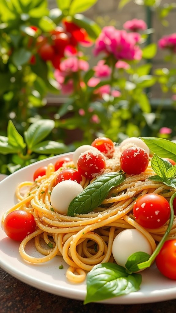 A plate of spaghetti with cherry tomatoes, mozzarella balls, and fresh basil, set against a backdrop of colorful flowers.
