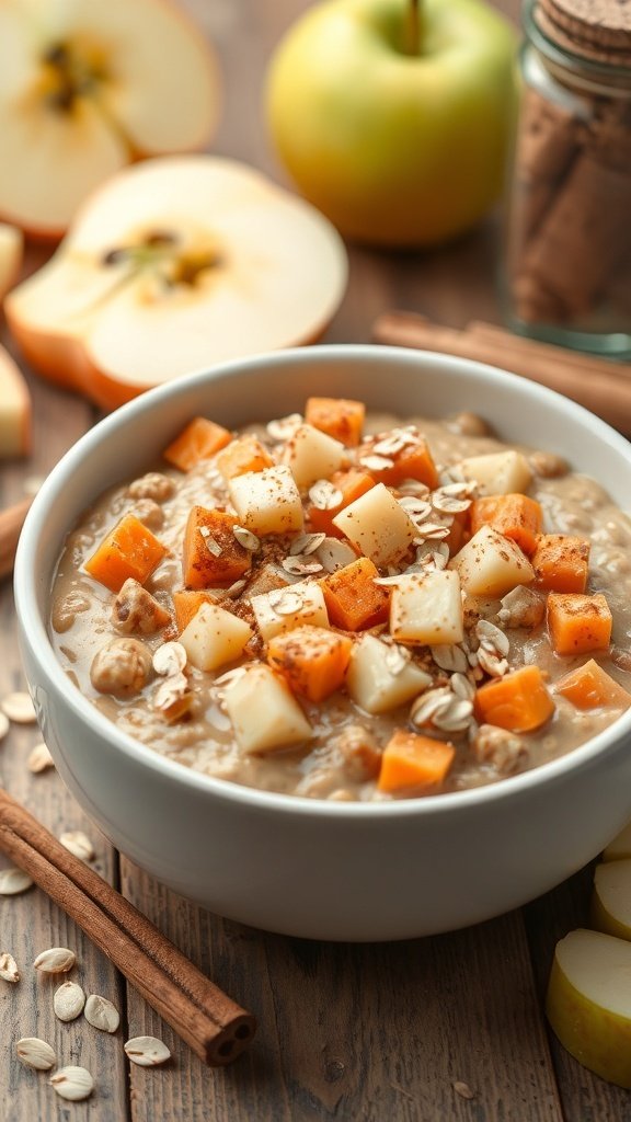 A bowl of spiced apple carrot cake overnight oats topped with diced apples and nuts, surrounded by fresh apples and cinnamon sticks.