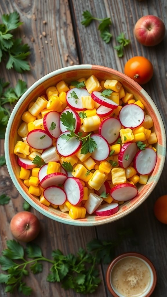 A colorful bowl of crunchy corn salad with radishes and cucumbers on a wooden table.