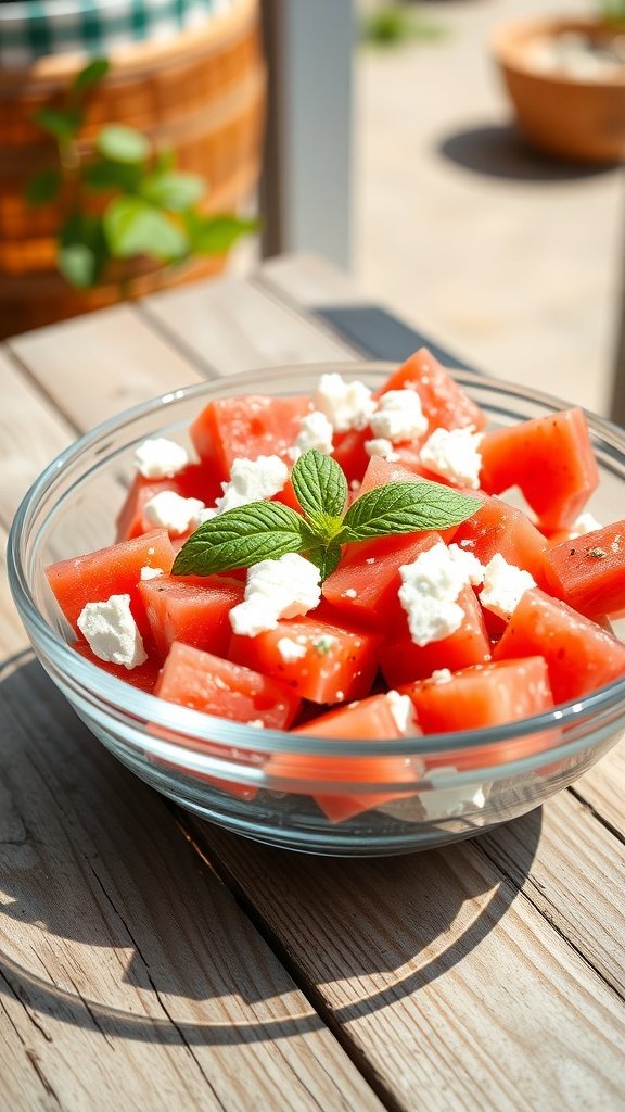 A bowl of watermelon feta salad with mint on a wooden table.
