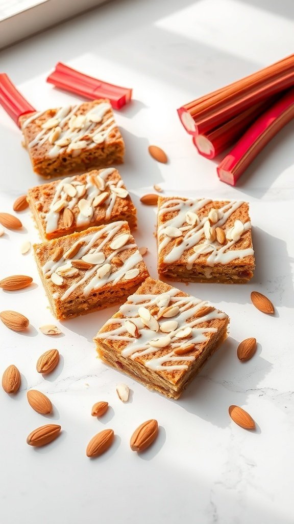 Vegan rhubarb almond bars with slivered almonds and fresh rhubarb stalks