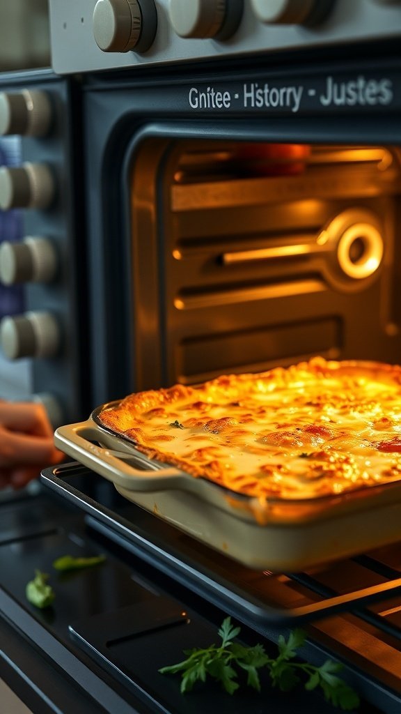 A delicious lasagna casserole baking in the oven, showcasing a golden, cheesy top.