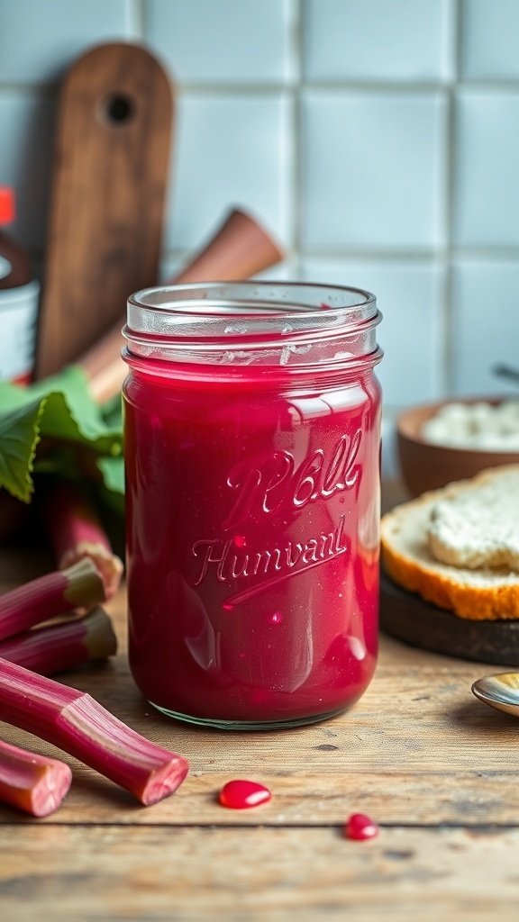 A jar of vibrant rhubarb jam with fresh rhubarb stalks and a slice of bread on a wooden table.