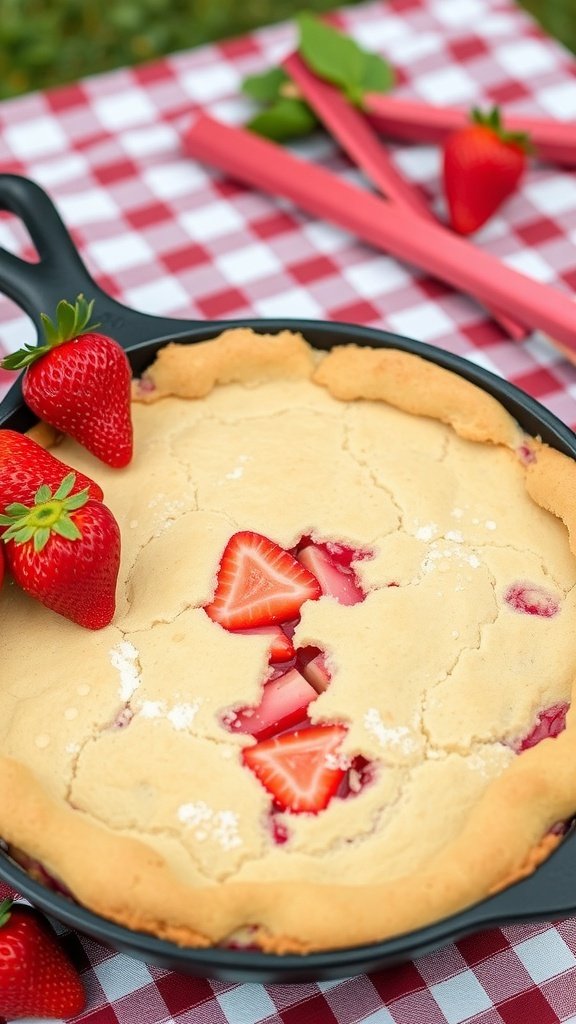 A delicious strawberry rhubarb dump cake in a cast-iron skillet, surrounded by fresh strawberries on a picnic blanket.