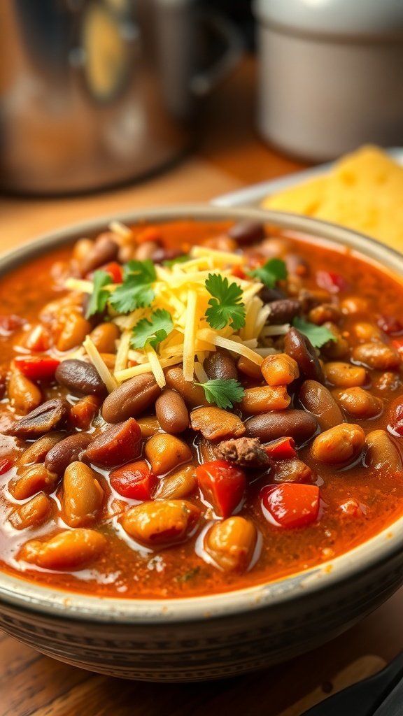 A bowl of beef chili with beans, topped with cheese and cilantro.