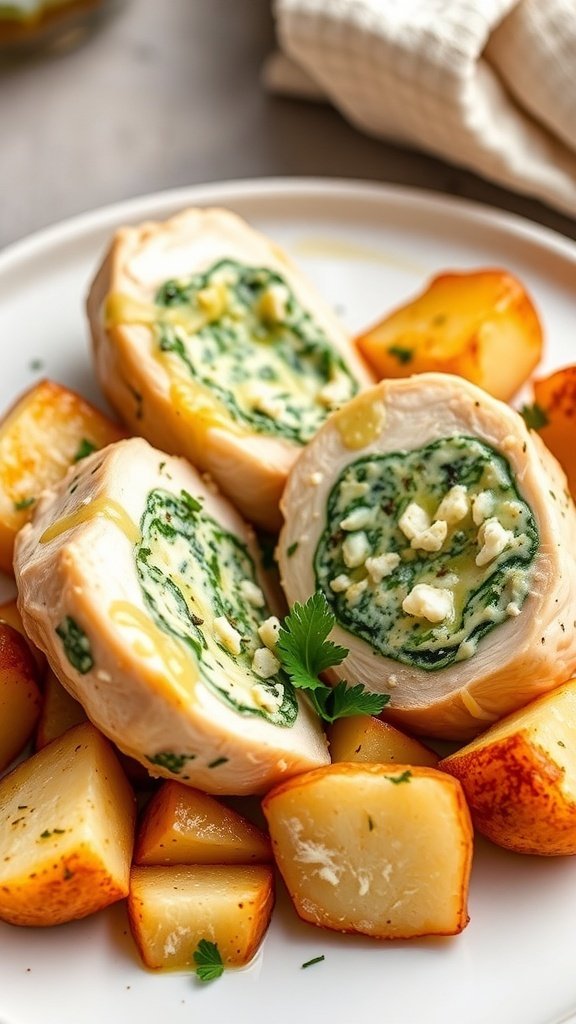 Creamy Spinach and Feta Stuffed Chicken Breasts served with roasted potatoes