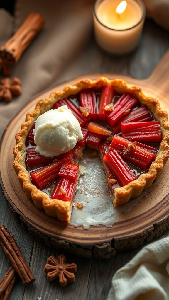 A rhubarb and ginger tart with a scoop of ice cream on top, surrounded by cinnamon sticks and a candle.