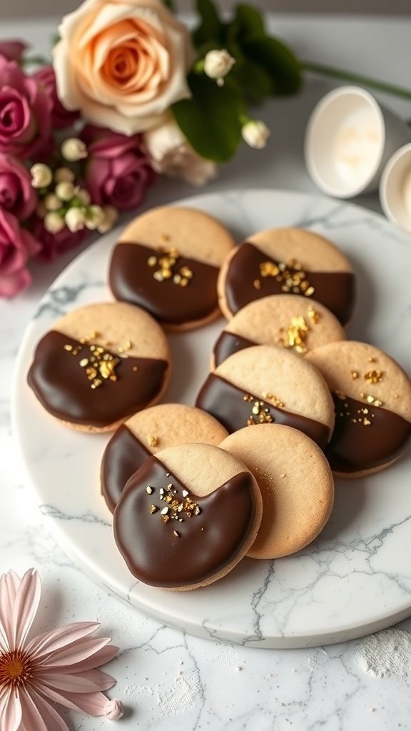 Chocolate-dipped sugar cookies decorated with gold sprinkles on a marble platter, surrounded by flowers.