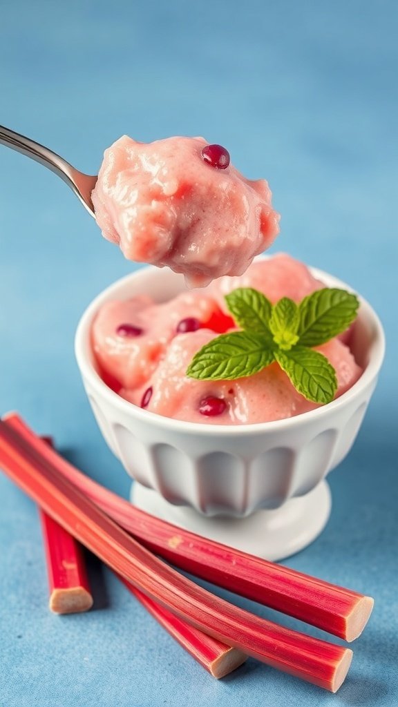A bowl of pink rhubarb sorbet garnished with mint leaves, with fresh rhubarb stalks beside it.