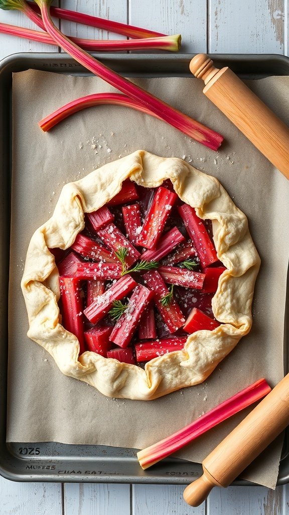 A rustic rhubarb galette with folded edges and fresh rhubarb stalks beside it.