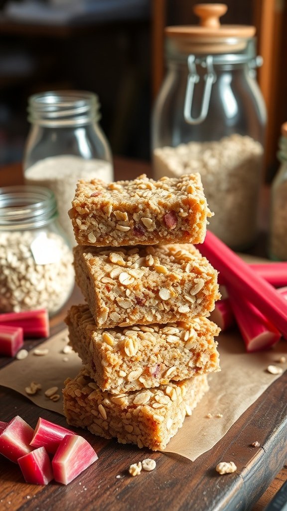 Nutty Oatmeal Rhubarb Crunch Bars stacked with jars of oats and fresh rhubarb in the background.